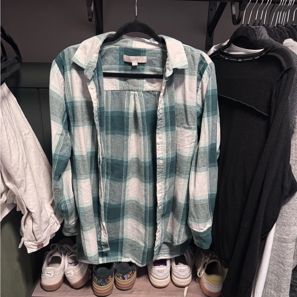 LOFT Teal and White Plaid Shirt